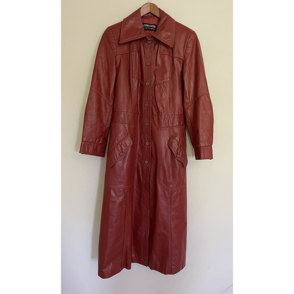 Vintage 70s Red Leather Trench Coat Maxi Long Duster Dagger Collar Uruguay S - Picture 3 of 16